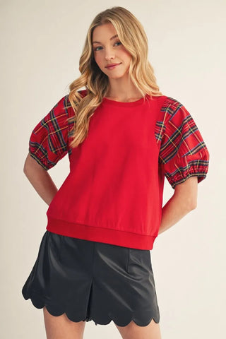 Red Plaid Contrast Short Puff Sleeve Top
