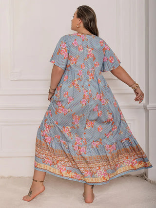 Curvy Light Blue Printed Tie Neck Flutter Sleeve Maxi Dress Final Sale