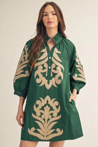 Hunter Green 3/4 Sleeves Baroque Floral Applique Shift Dress w/ Pockets