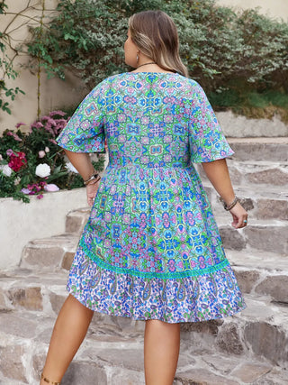 Curvy Sky Blue Ruffled Hem Lace Detail Printed Half Sleeve Dress Final Sale