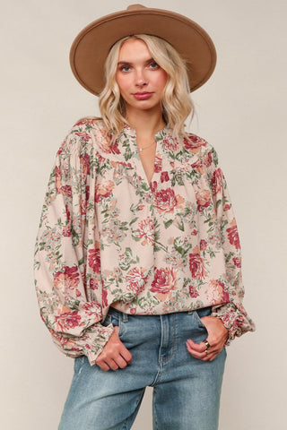 Taupe Notched Neck Floral Print Woven Blouse Final Sale