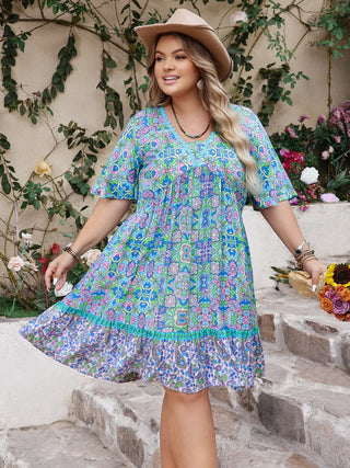 Curvy Sky Blue Ruffled Hem Lace Detail Printed Half Sleeve Dress Final Sale