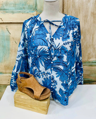 TROPICAL PRINT COTTON VOILE TIE NECK BLOUSE by FATE