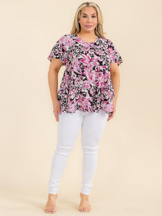 CURVY BLACK FLORAL SHORT SLEEVE TIERED FLORAL TUNIC BLOUSE Final Sale