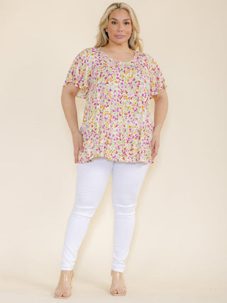 CURVY IVORY SHORT SLEEVE FLORAL PRINT TUNIC BLOUSE Final Sale