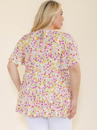 CURVY IVORY SHORT SLEEVE FLORAL PRINT TUNIC BLOUSE Final Sale