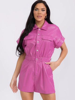 HOT PINK SHORT SLEEVE BUTTON UP POCKETS PU PLEATHER ROMPER FINAL SALE
