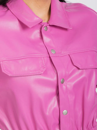 HOT PINK SHORT SLEEVE BUTTON UP POCKETS PU PLEATHER ROMPER FINAL SALE