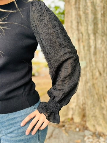 BLACK CONTRAST WOVEN SLEEVE CREW NECK SWEATER by FATE