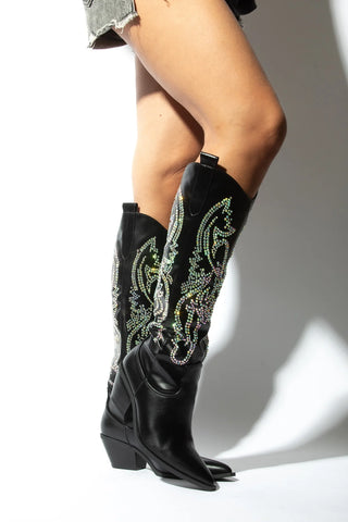 BLACK RHINESTONE METALLIC WESTERN COWBOY BOOTS