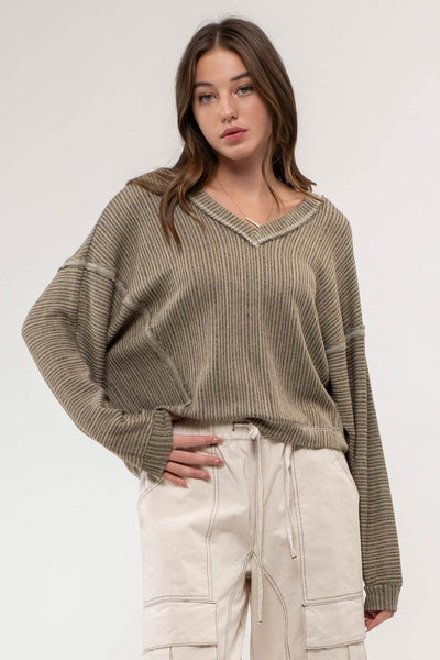 OLIVE STRIPED DROP SHOULDER V NECK KNIT TOP