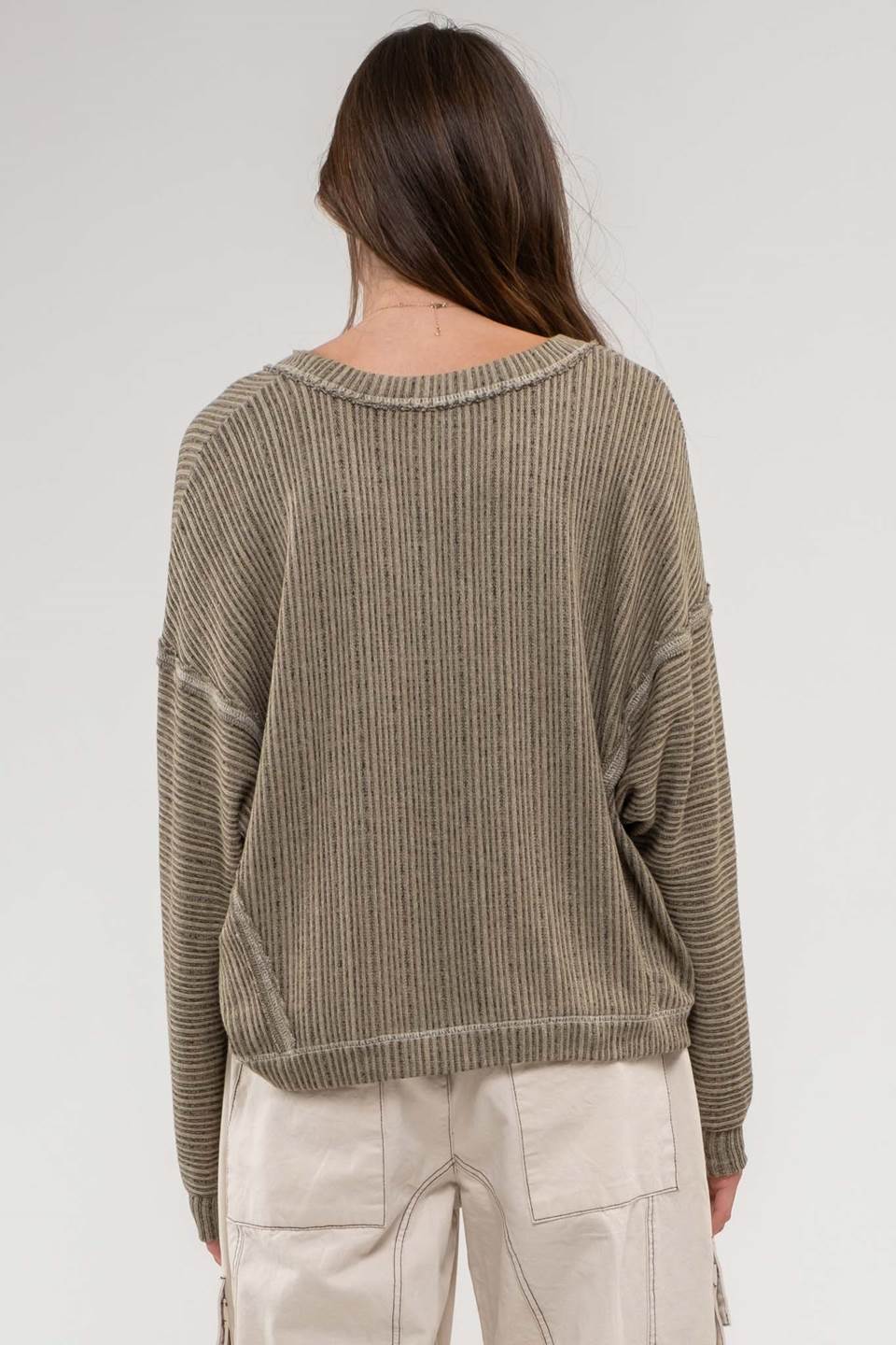 OLIVE STRIPED DROP SHOULDER V NECK KNIT TOP