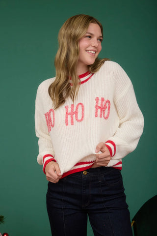 CREAM HO HO HO CREW NECK KNIT PULLOVER SWEATER