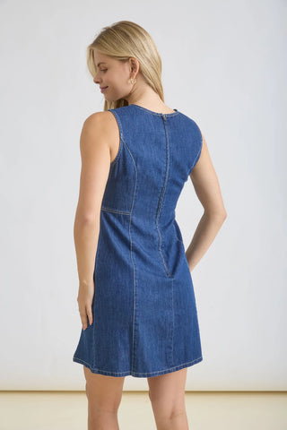 ROUND NECK SLEEVELESS DENIM MINI DRESS