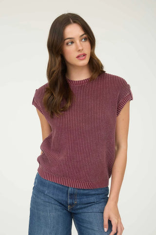 CURVY BURGUNDY WASHED KNIT SHORT TAB SLEEVE PULLOVER SWEATER FINAL SALE