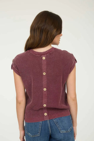 CURVY BURGUNDY WASHED KNIT SHORT TAB SLEEVE PULLOVER SWEATER FINAL SALE