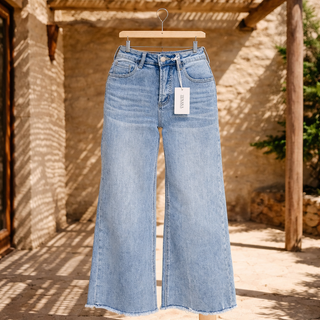 High Waist Wide Leg Fray Hem Denim Pants