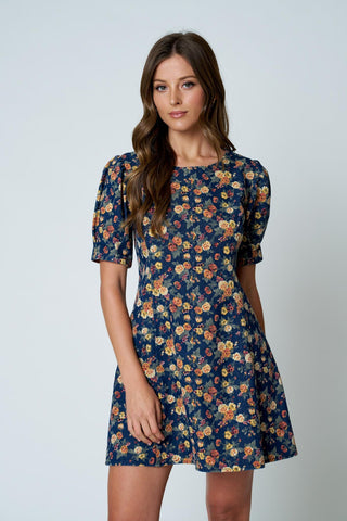DENIM FLORAL PUFF SLEEVE SEAM DETAIL DENIM MINI DRESS
