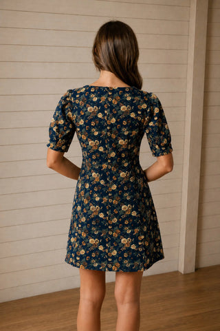 DENIM FLORAL PUFF SLEEVE SEAM DETAIL DENIM MINI DRESS