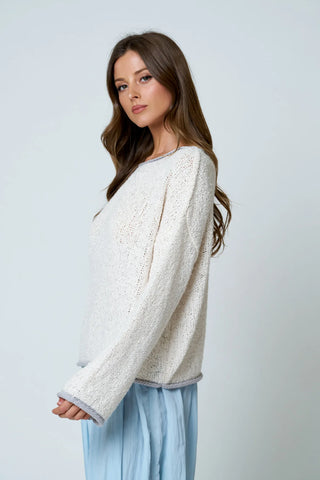 OATMEAL BOAT NECK CONTRAST TRIM LONG SLEEVE KNIT SWEATER
