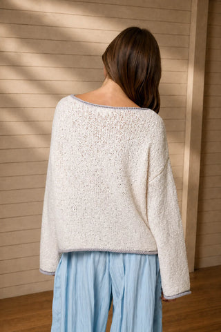 OATMEAL BOAT NECK CONTRAST TRIM LONG SLEEVE KNIT SWEATER