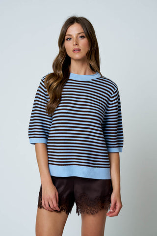 Light Blue Textured Stripe Crew Neck Half Sleeve Sweater