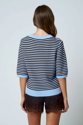 Light Blue Textured Stripe Crew Neck Half Sleeve Sweater