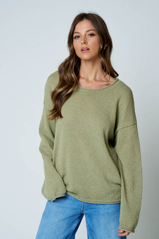 Olive Textured Raw Edge Long Sleeve Knit Sweater