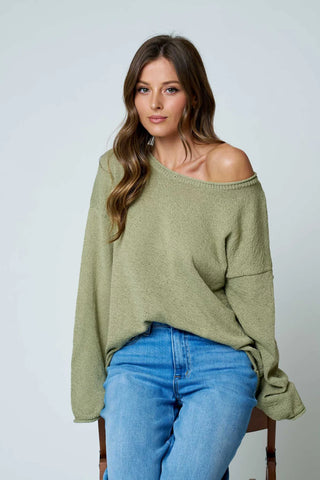 Olive Textured Raw Edge Long Sleeve Knit Sweater