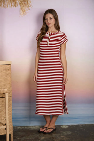 RED STRIPE HENLEY SHORT SLEEVE KNIT MIDI DRESS