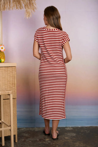 RED STRIPE HENLEY SHORT SLEEVE KNIT MIDI DRESS