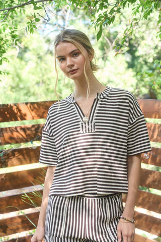 STRIPE SHORT SLEEVE DROP SHOULDER BOXY KNIT TOP & SHORTS SET FINAL SALE