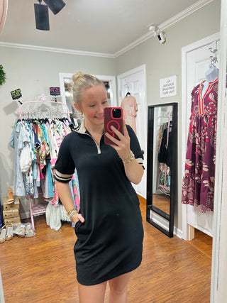 Black Striped Polo T-Shirt Dress w/ Zip Neckline