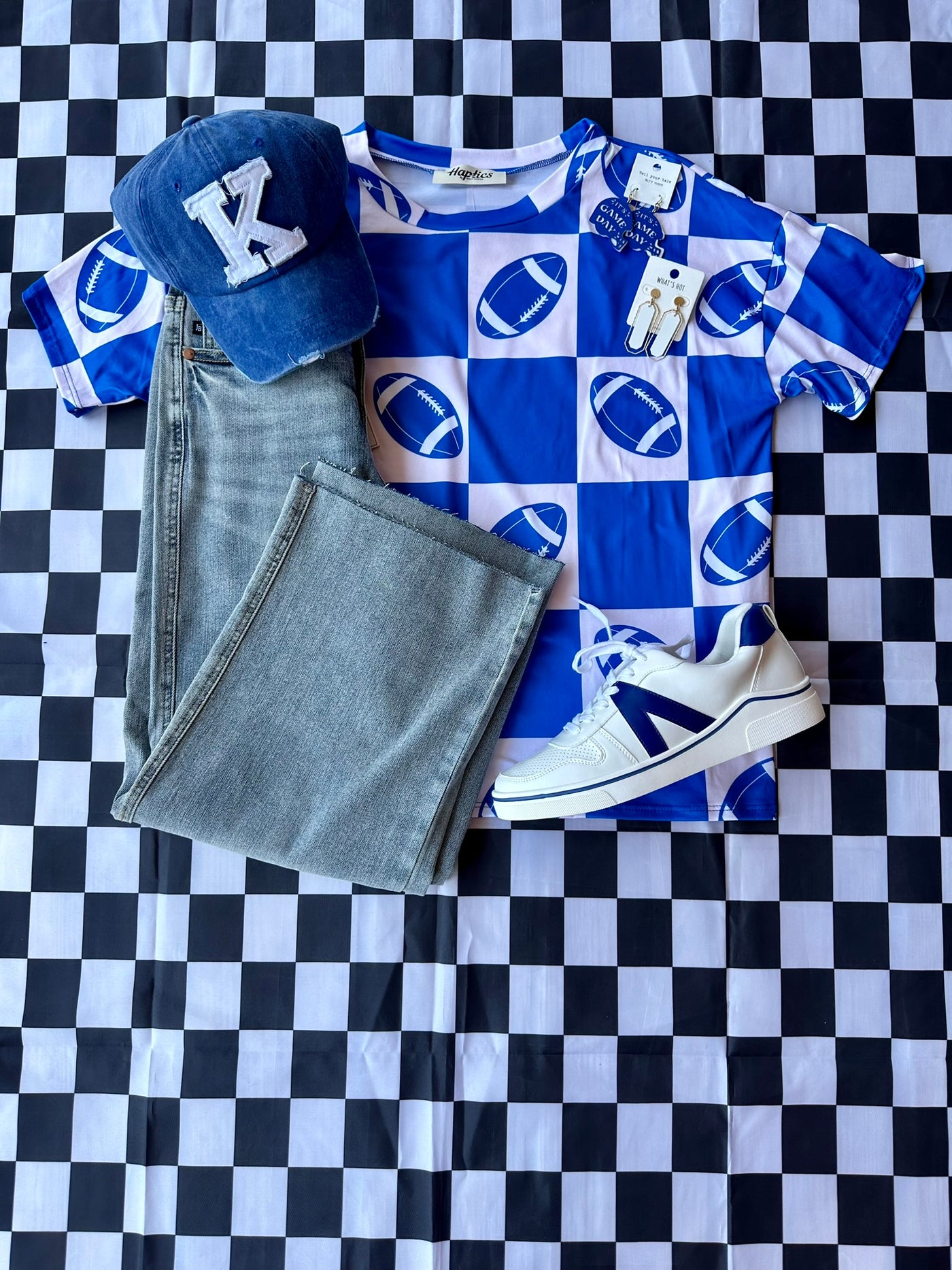 BLUE GAME DAY FOOTBALL, CHECKER PRINT KNIT TOP