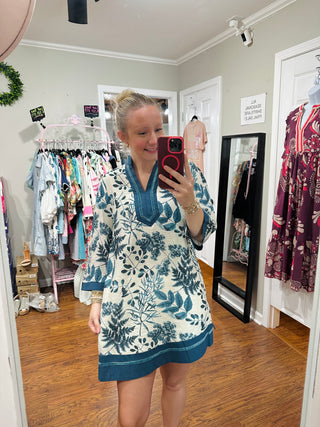 Teal Mix Botanical Print Contrast Trim Shift Dress w/ Pockets