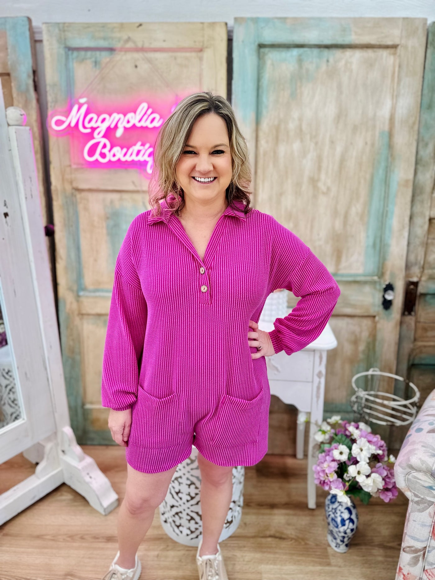 Magenta Long Sleeve Ribbed Collared Jumpsuit