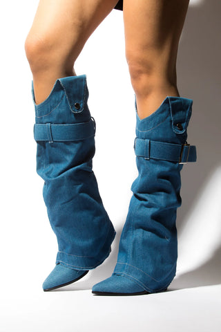 BREAK HEARTS DENIM TWO PIECE COWBOY BOOT W/ REMOVABLE OVERLAP Final Sale