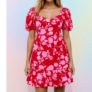 Floral Puff Sleeve Sweetheart Neck Ruffled Mini Dress FINAL SALE