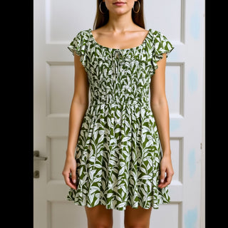 Olive Leaf Print Front Tie Smocked Dress FINAL SALE