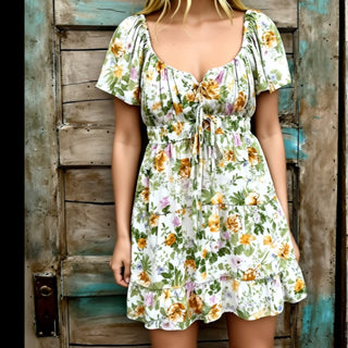 IVORY FLORAL FRONT TIE SCOOP NECK TIERED MINI DRESS FINAL SALE