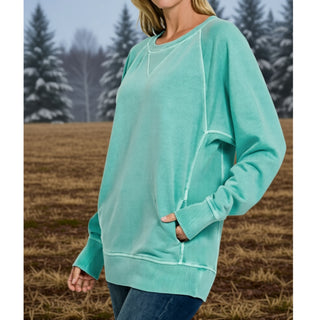 Turquoise Pigment Dyed French Terry Pullover w/ Pockets