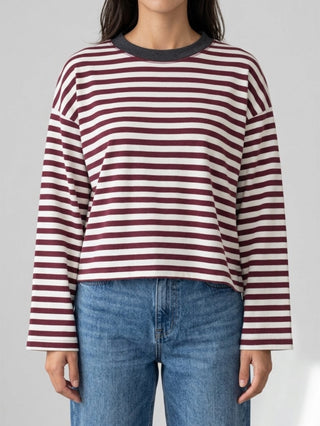 Striped Wine w/ Ribbed Charcoal Crewneck Top