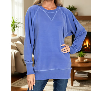 Bright Blue Pigment Dyed French Terry Pullover w/ Pockets