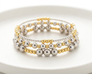 Set of 3 Tarnish Resistant Stretch Gold/Silver Bead Bracelets