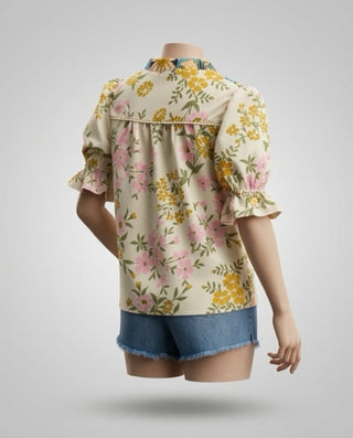 Curvy Floral Print Woven V Neck Top FINAL SALE