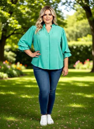 Curvy Emerald 3/4 Length Gathered Balloon Sleeve Blouse FINAL SALE