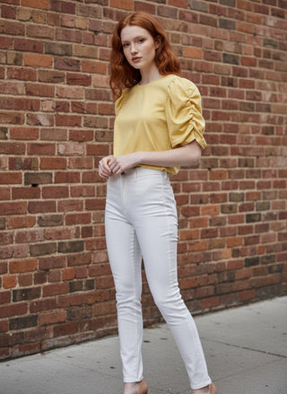 SC Yellow Round Neck Gathered Short Sleeve Top FINAL SALE