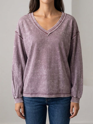Eggplant V-Neck Casual Top w/ Exposed Seam