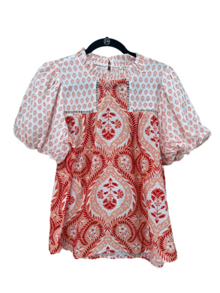 Boho Print Mix Top w/ Ruffled Neck and Cutout Detail Final Sale