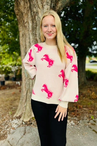 Ivory/Pink Horse Patterned Knit Top